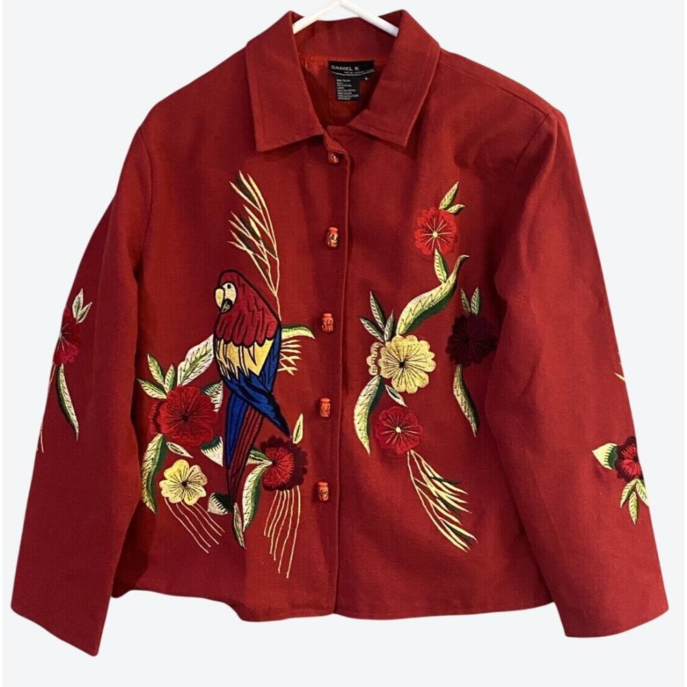 Daniel K Women's Large Long Sleeve Padded Red Floral Parrot Embroidered Blazer
